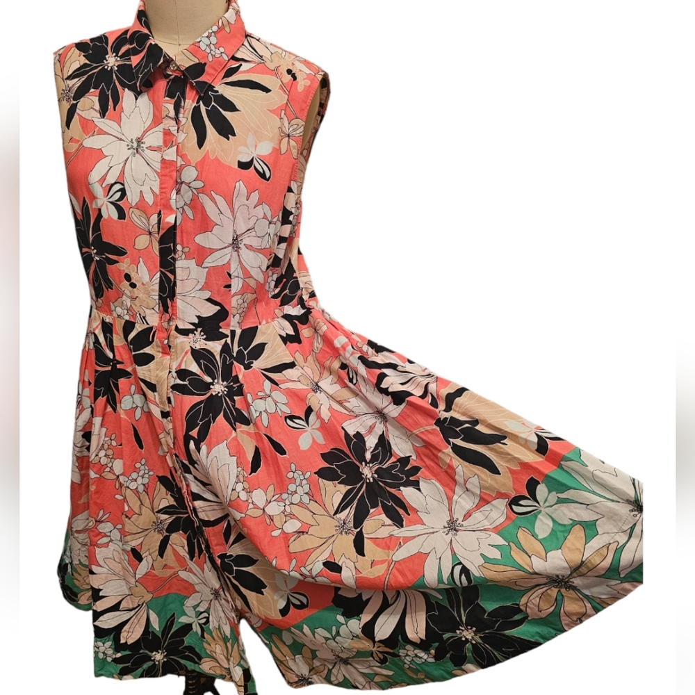 TOMMY HILFIGER Women Coral Floral Sleeveless Midi Fit+Flare 100% Cotton Collar